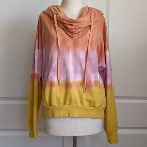 Young Fabulous & Broke Pullover Hooded Cowl  Pockets Tie Dye Orange Pink L NWT